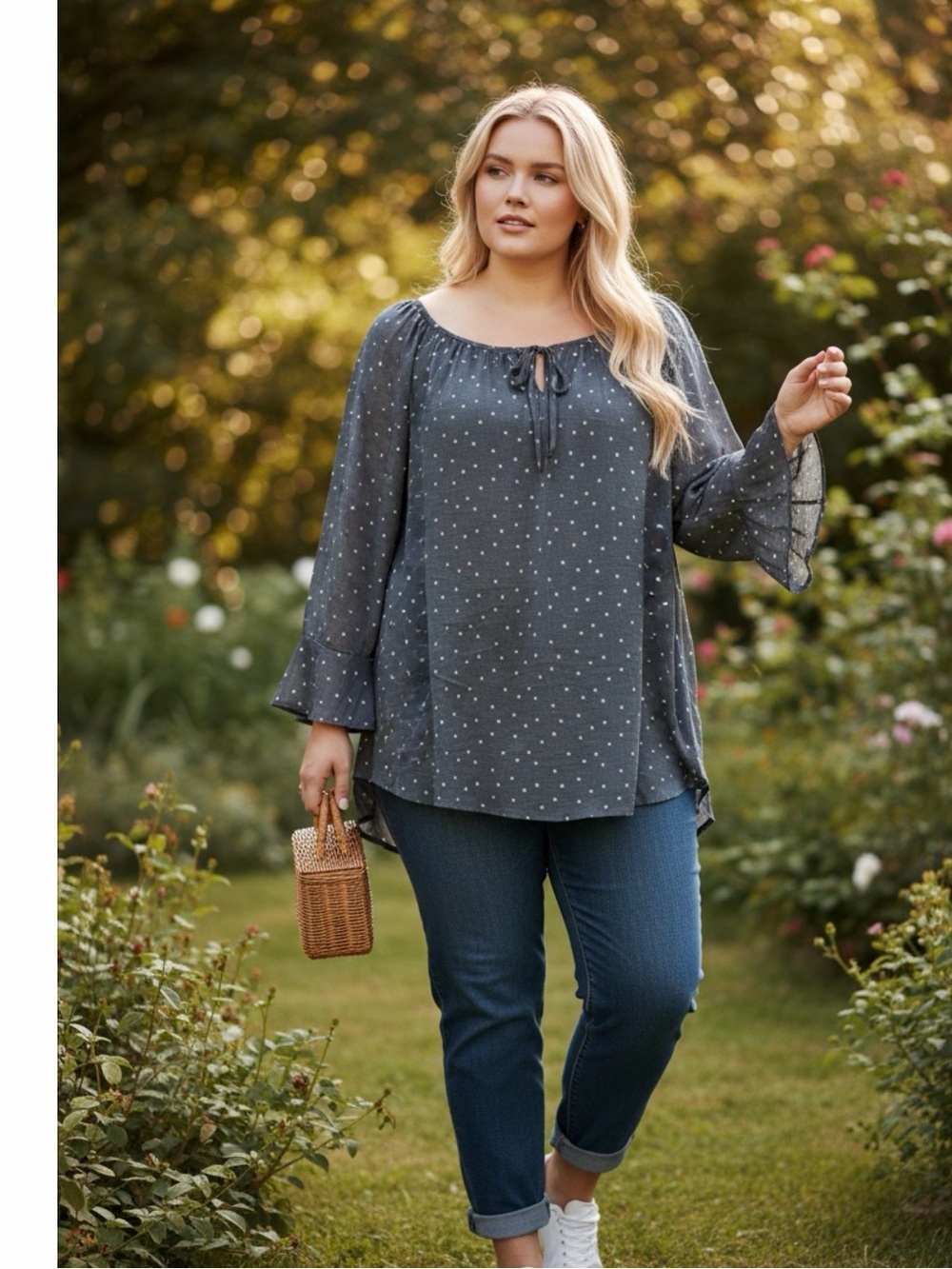Fred David Navy Blue Polka Dot Tie-Front Blouse
